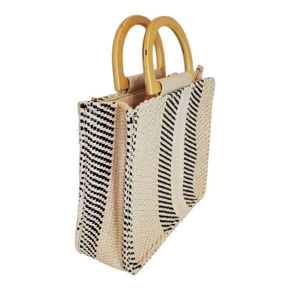NEW WOVEN Handbag Straw & Natural fiber Striped Wooden Handles Chain Strap - Picture 3 of 9